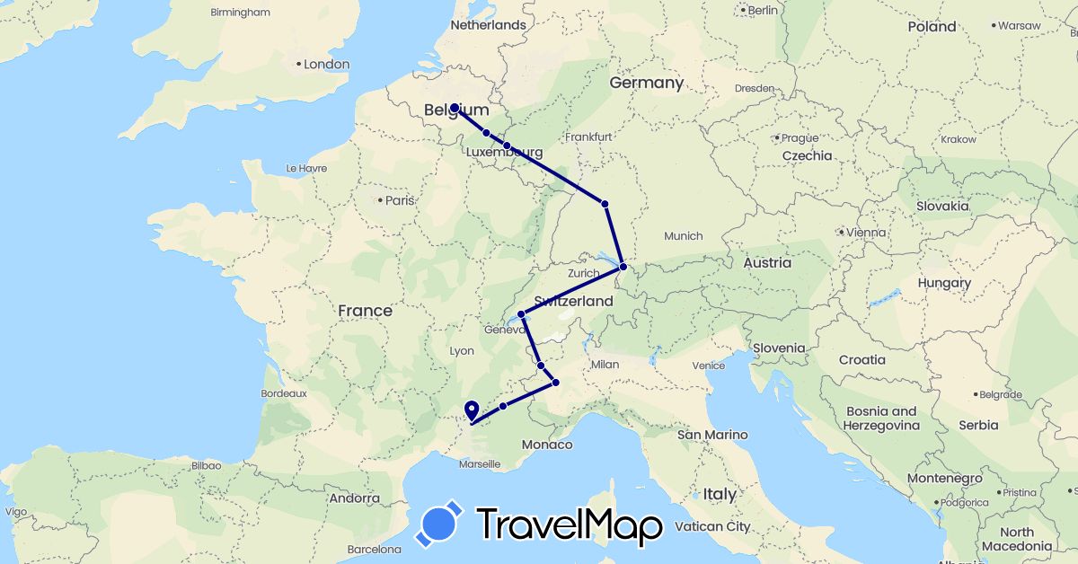 TravelMap itinerary: driving in Austria, Belgium, Switzerland, Germany, France, Italy, Luxembourg (Europe)